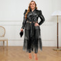 Plus Size Women's Pu Leather Mesh Patchwork Button Long Sleeve Dress