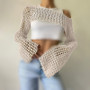 Sexy Hollow Knitting Shirt Solid Color Round Neck Long-Sleeved Cape Blouse