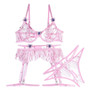 Pink Butterfly Patches Embroidered Hollows Sexy Three-Piece Lingerie Set