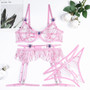 Pink Butterfly Patches Embroidered Hollows Sexy Three-Piece Lingerie Set