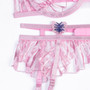 Pink Butterfly Patches Embroidered Hollows Sexy Three-Piece Lingerie Set