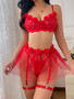 Women's Sexy Red Push-Up Bra See-Through Lace Skirt Thong Temptation Lingerie