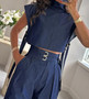 Women Casual Belt Decorated Turtleneck Short Sleeve Top and Pants Two-piece Set