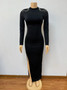 Women Half Turtle Neck Long Sleeve Solid Rhinestone Backless Slit Dress