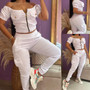 Women white Off Shoulder short-sleeved patch pocket Top and trousers two-piece set