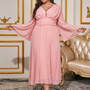 Plus Size Women Pleated V Neck Long Sleeve Chiffon Dress