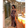 Women Sexy Backless Printed Strapless Slit Lace-Up Dress