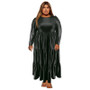 Plus Size Women Pu-Leather Round Neck Long Sleeve Cake Dress