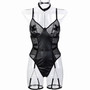 Women Pu-Leather Patchwork Grid Hollow See-Through Chain Jumpsuit Sexy Lingerie