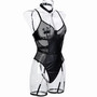 Women Pu-Leather Patchwork Grid Hollow See-Through Chain Jumpsuit Sexy Lingerie
