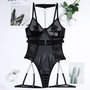 Women Pu-Leather Patchwork Grid Hollow See-Through Chain Jumpsuit Sexy Lingerie