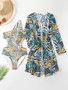 Women Retro Print Shiny One-piece Hollow Swimsuit Long Sleeve Sun Protection Cover-Up Two-piece Set