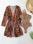 Women Retro Print Shiny One-piece Hollow Swimsuit Long Sleeve Sun Protection Cover-Up Two-piece Set