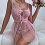 Women Heart Print Lace Lace-Up cross stitch mesh See-Through sexy suspender nightgown two-piece set