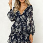 Spring and summer women's long-sleeved printed v-neck casual dress