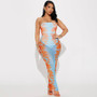 Women's Summer Fashion See-Through Mesh Printed strapless Casual Dress