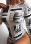 Women Newspaper Print Long Sleeve Bodysuit