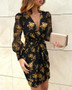 Fall Spring Mesh Print Puff Sleeves Twisted Sexy Deep V Neck Midi Dress