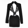 Women's Color Block Turndown Collar Low Back Fall Sexy Open Waist Long Sleeve Dress