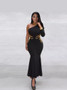 Women Black Halter Neck Beaded One Shoulder Long Sleeve Ball Dress