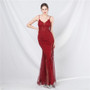 Women Lace Beaded Fishbone Vest Off-Shoulder Tail Evening Gown