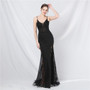 Women Lace Beaded Fishbone Vest Off-Shoulder Tail Evening Gown