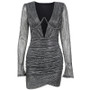 Women Underwire Pleated Long Sleeve Sexy Shoulder Pad V Neck Dress