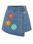 Women Multi-Color Floral Print Asymmetric Denim Skirt