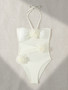 Women Halter Neck Strappy 3D Flower One-piece Swimwear