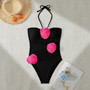 Women Halter Neck Strappy 3D Flower One-piece Swimwear