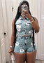 Women's Flower Printed Sleeveless Two Piece Denim Shorts Set