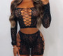 Women's Beaded Shiny Sexy Lingerie Off Shoulder Hollow Two Piece Skirt Set Net Clothes