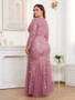 Plus Size Women Long Sleeve Round Neck Zipper Fishtail Embroidery Evening Dress