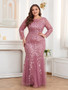 Plus Size Women Long Sleeve Round Neck Zipper Fishtail Embroidery Evening Dress