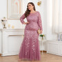 Plus Size Women Long Sleeve Round Neck Zipper Fishtail Embroidery Evening Dress