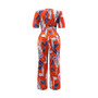 Women Printed Patchwork Irregular Short Sleeve Tie Jumpsuit