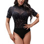 Women Shiny Mesh Sexy Short Sleeve Jumpsuit