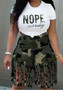 Women Camouflage Letter Print Top and Tassel Skirt Two-piece Set