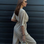 Women Solid Belted V-Neck Casual Jumpsuit Wide Leg Pants