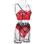 Women Cross Lace-Up Black and Red Contrast Color Lace Sexy Lingerie Three-Piece