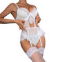 Women long fishnet stockings white lace hollow suspenders Sexy Lingerie Three-Piece