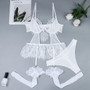 Women long fishnet stockings white lace hollow suspenders Sexy Lingerie Three-Piece