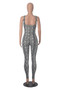 Women's Printed Sleeveless Ribbed Square Neck Low Back Slim Fit Jumpsuit