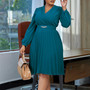 Fashion Chic Elegant Solid Color V Neck Pleated Plus Size African Dress