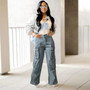 Pocket Cargo Washed Denim Pants Wide Leg Women Jeans