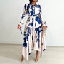 Women's Fashion Chic Print Turndown Collar Long Sleeve Belt Irregular Print Dress