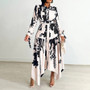 Women's Fashion Chic Print Turndown Collar Long Sleeve Belt Irregular Print Dress