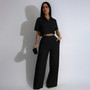 Women's Summer Fashion Turndown Collar Short Sleeve High Waisted Wide Leg Fashion Two Piece Pants Set