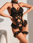 Sexy Black Halter Neck Bow Ruffled Mesh Lingerie Set