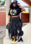 Drawstring Skirt Print T-Shirt Two Piece Set